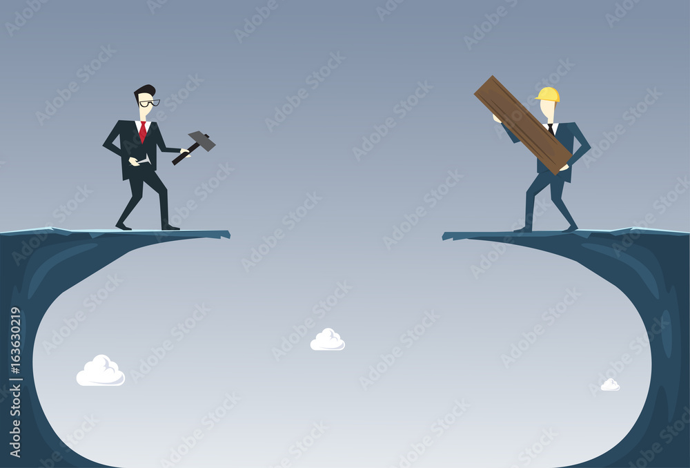 Fototapeta premium Business People Building Bridge Over Cliff Gap Partner Support Businesspeople Cooperation Concept Flat Vector Illustration