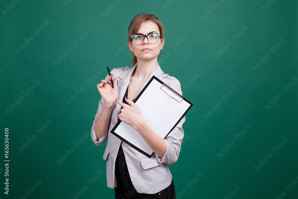 business woman secretary stands with folder