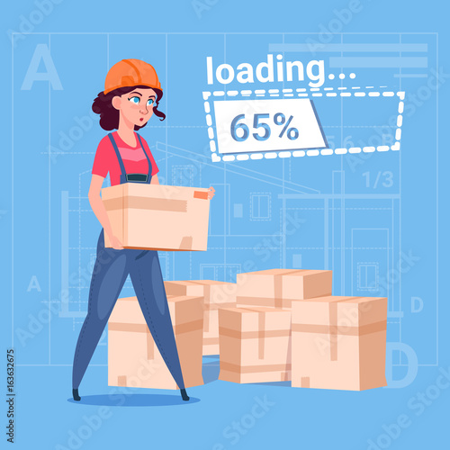 Cartoon Woman Builder Carry Boxes Over Abstract Plan Background Female Workman Flat Vector Illustration