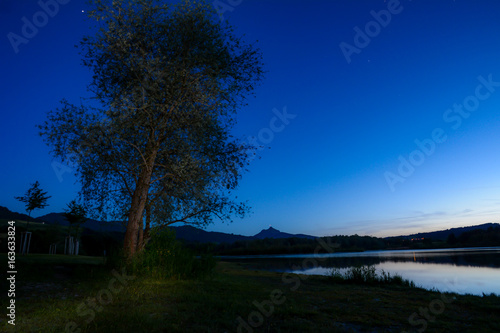 Tree and mountain silhouettes at night photo