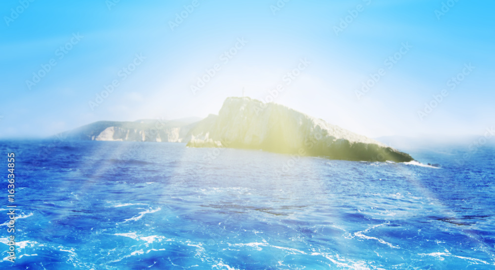Blue Sea and Island Of Lefkada, Greece. Blured Background