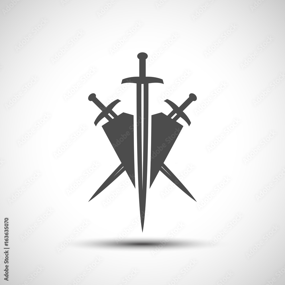 Abstract shield and sword emblem with shadow.
