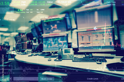 Fotografering Double exposure of business stock trading room with computer and graph for Busin