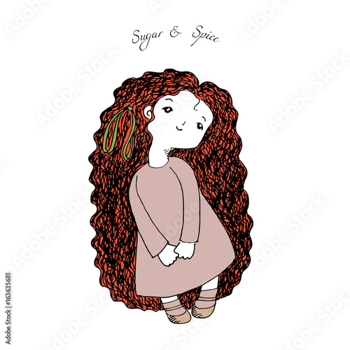 Hand drawn vector illustration of a cute little girl with very long hair, in simple dress and Mary Jane shoes, looking up, text Sugar and Spice.