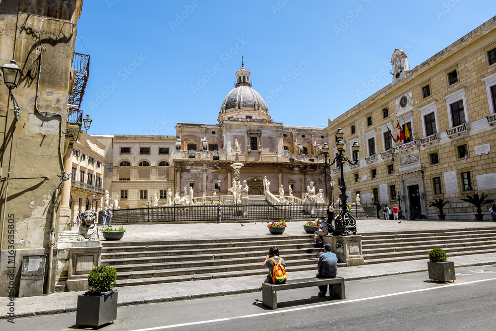 The view of the fountain in Piazza Pretoria in Palermo . Sicily