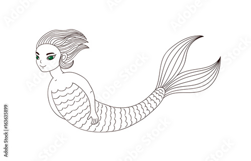 Hand drawn vector illustration of a smiling teenage mermaid swimming in the sea, with short hair and green eyes.