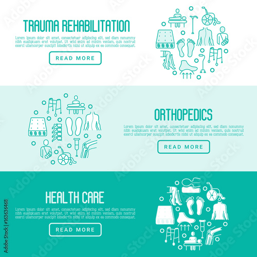 Orthopedic and trauma rehabilitation concept with thin line icons for web page or banner of clinics and medical centers. Vector illustration.