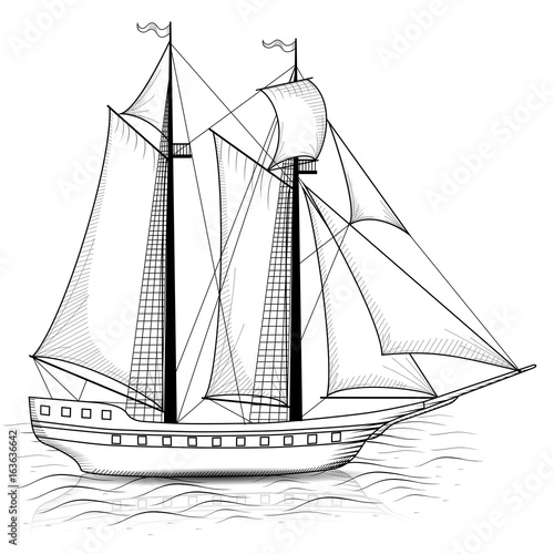 vintage ship with sails and reflection