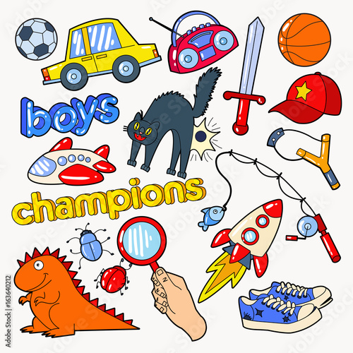 Boys Doodle with Toys and Funny Elements. Vector illustration