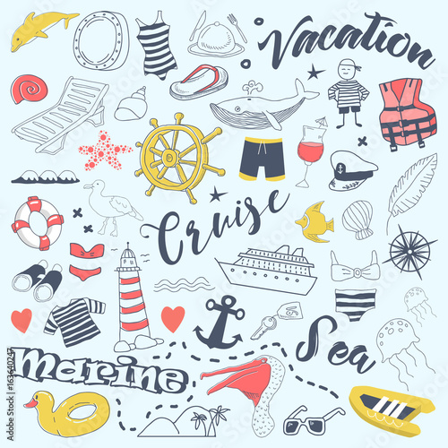 Beach Vacation Freehand Doodles with Cruise Elements. Summer Adventure Hand Drawn Set. Vector illustration