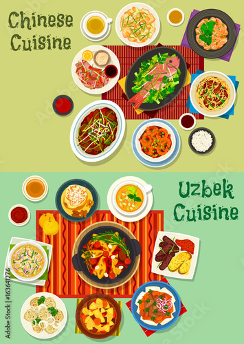 Chinese and uzbek cuisine asian dinner icon set