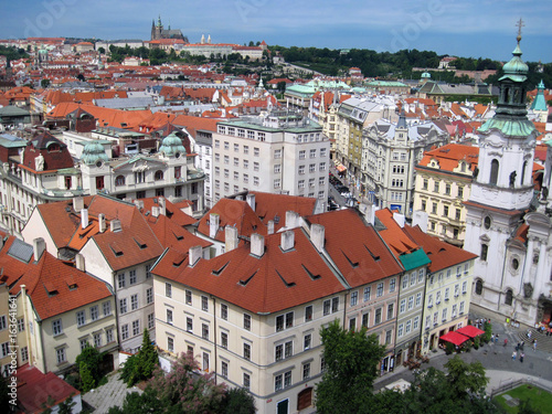 View from above to tiled roofs of old town, panorama of Prague