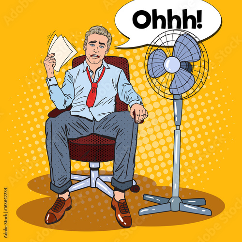 Pop Art Sweating Businessman in Front of Fan at Office Work. Summer Heat. Vector illustration