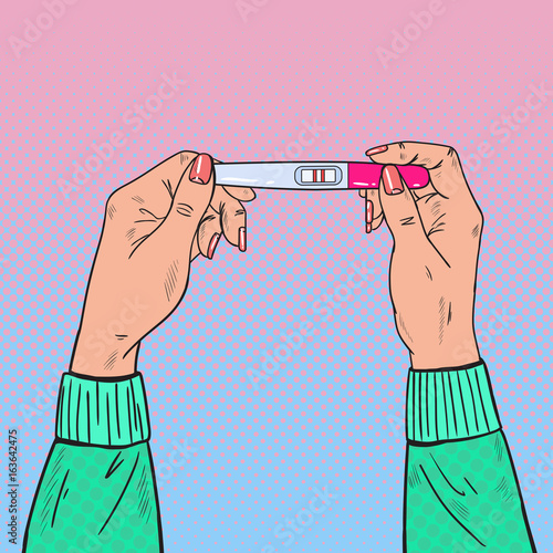 Female Hands Holding Positive Pregnancy Test with Two Red Stripes. Vector illustration