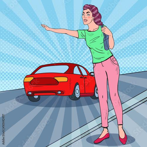 Pop Art Woman Catching a Car in the City Road. Vector illustration