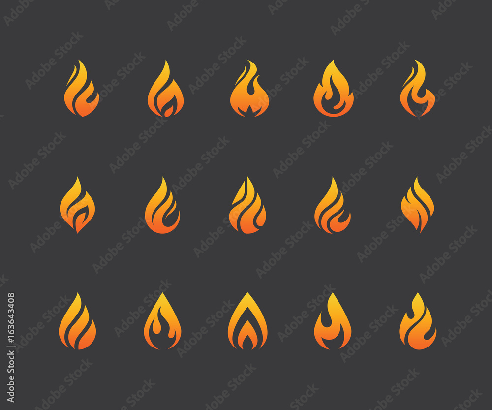 Set of fire flame icons and logo isolated on black background. - obrazy, fototapety, plakaty 