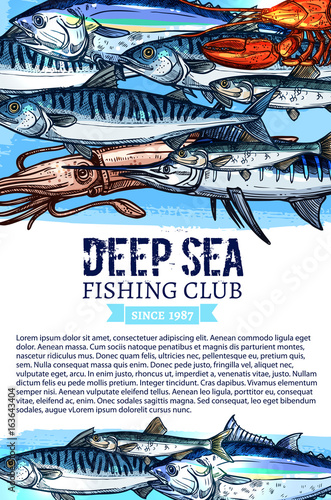 Fishing club banner with seafood and fish sketches