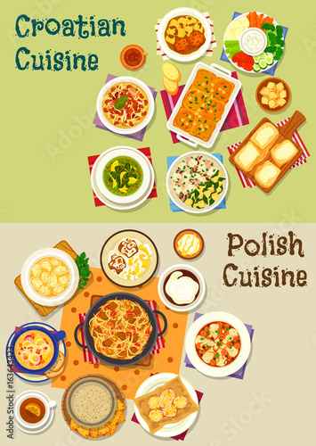 Polish and croatian cuisine icon set, food design