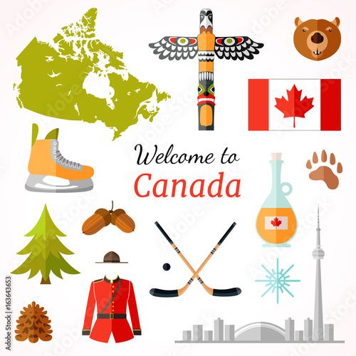 Travel banner with famous Canadian symbols, culture element, icons for journey design . Vector illustration in flat style with inscription.