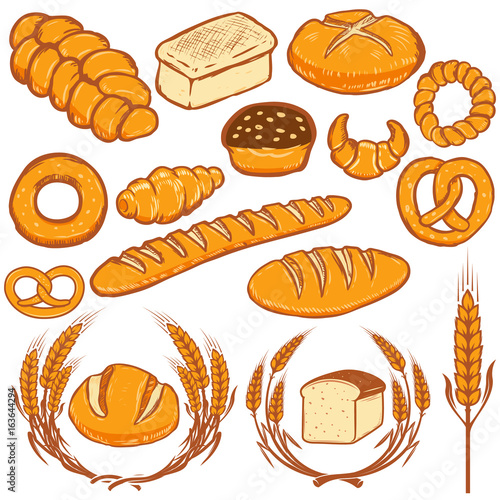 Set of bread illustrations. Fresh bakery. Design elements for poster, menu, flyer. Vector illustration