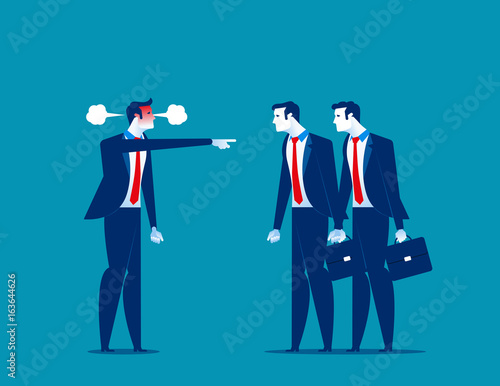 Manager red face of rage and pointing to staff. Concept business vector illustration