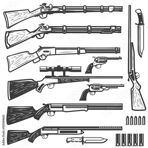 Set of vintage style weapon isolated on white background. Design elements for logo, label, emblem, sign. Vector illustration