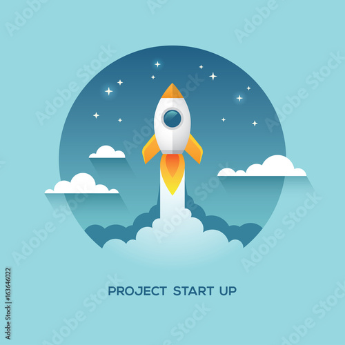 Illustration with rocket in the sky