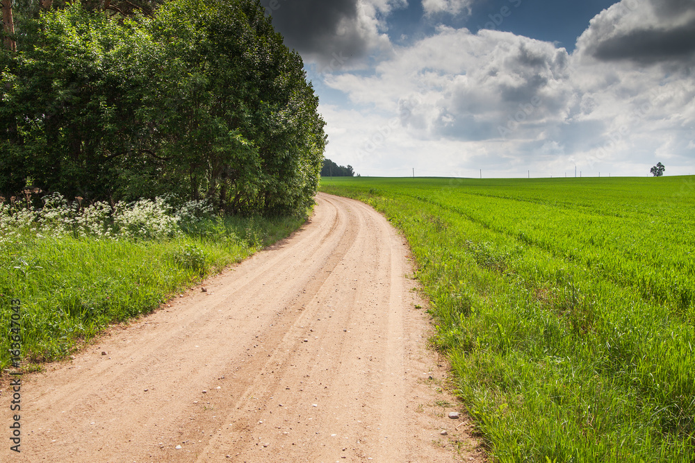 Gravel road in latvian countryside.