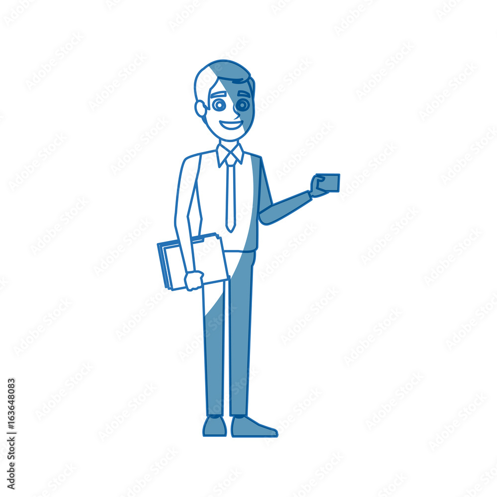 business man standing holding papers office work