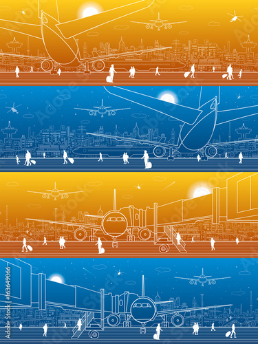 Airport panorama. The plane is on the runway. Aviation transportation infrastructure. Airplane fly, people get on the aircraft. Night city on background, vector design art