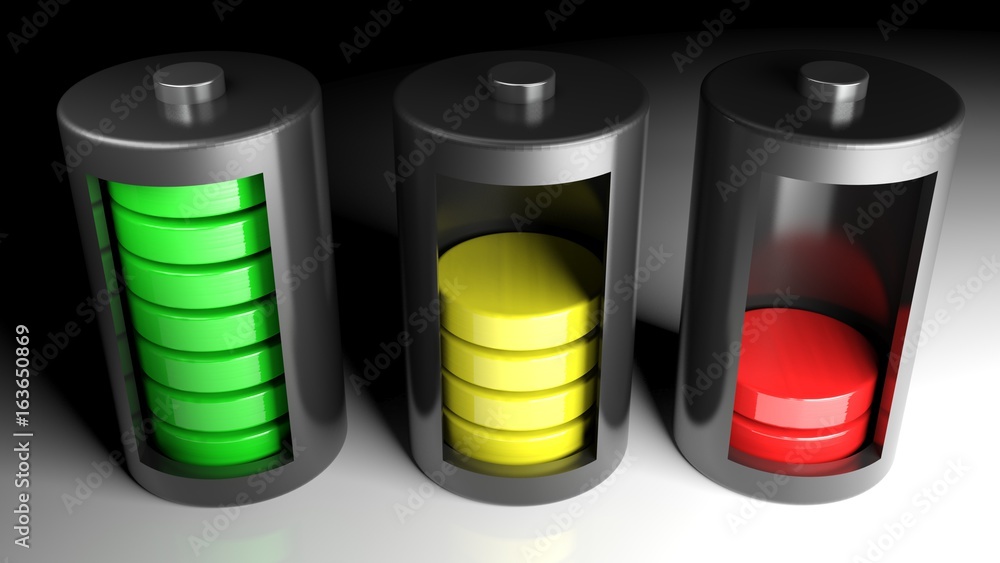 Batteries with charge level indication - 3D rendering Batteries with charge level indication - 3D rendering
