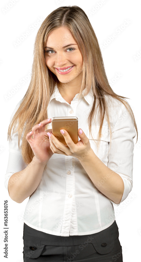 successful businesswoman with cell phone, isolated on white background successful businesswoman with cell phone, isolated on white background