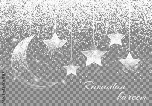 Glitter sparkle background with brilliant light, a crescent moon and star. Ramadan kareem pattern. 
