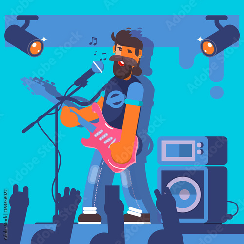 Bass Guitarist plays on the electric guitar. Rock Band Member Funny Character.Vector illustration