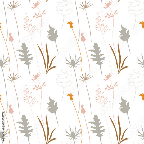 Floral vector seamless pattern with cornflowers, thistles and grasses.