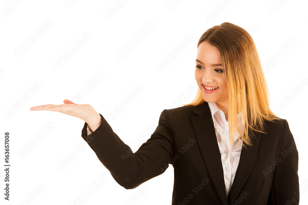 business woman holds hand over copy space for marketing a product business woman holds hand over copy space for marketing a product