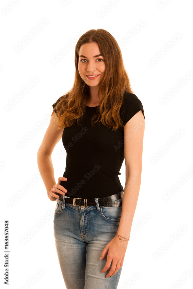 attractive young woman in jeans and black t shirt isolated over white background attractive young woman in jeans and black t shirt isolated over white background