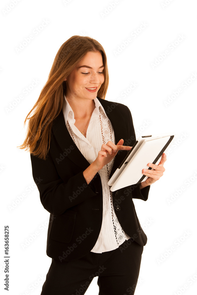 attractive young business woman checking data on a tablet computer isolated over white attractive young business woman checking data on a tablet computer isolated over white