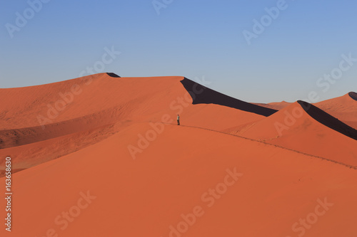 Man on sand dune in desert during sunrise. Sossusvlei, Namib Naukluft National Park, Namibia