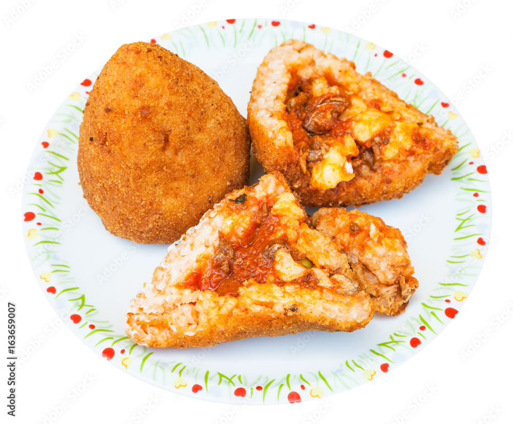 ragu stuffed rice balls arancini on plate isolated ragu stuffed rice balls arancini on plate isolated