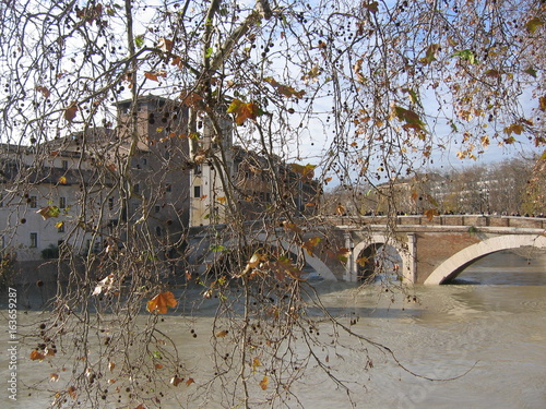 Foto Antico ponte Cestio con la piena del Tevere a Roma in Italia.