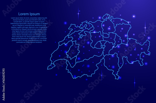Map Switzerland from the contours network blue, luminous space stars of vector illustration
