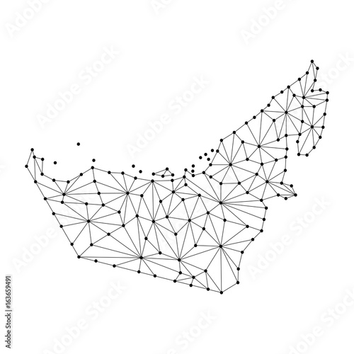 United Arab Emirates map of polygonal mosaic lines network, rays and dots vector illustration.