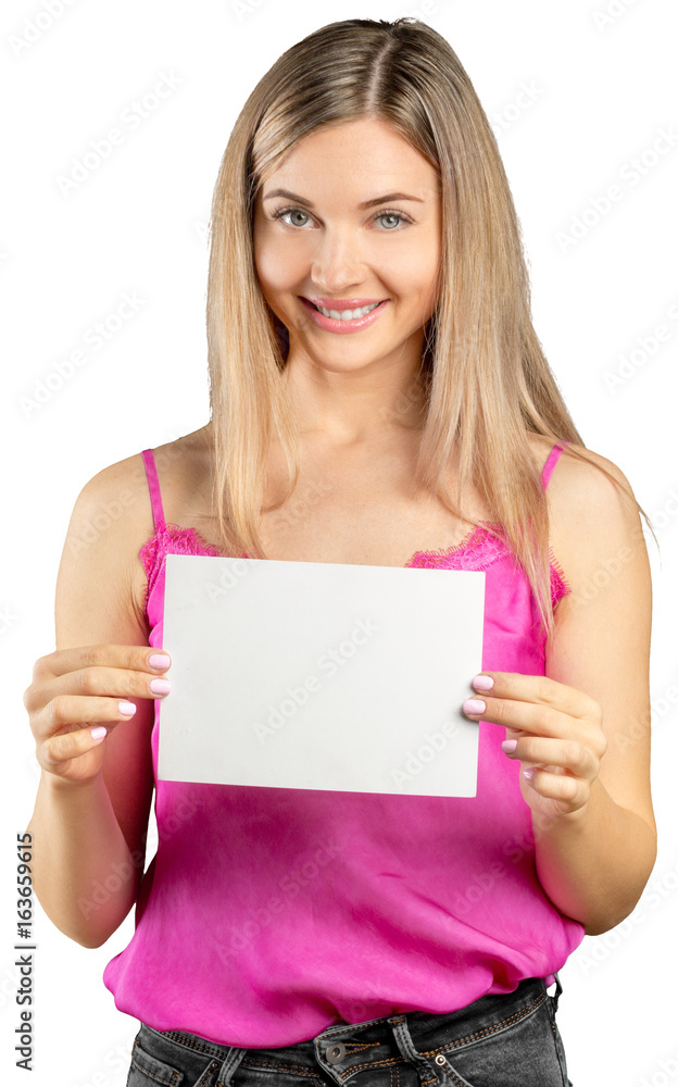 woman showing blank signboard, isolated on white woman showing blank signboard, isolated on white