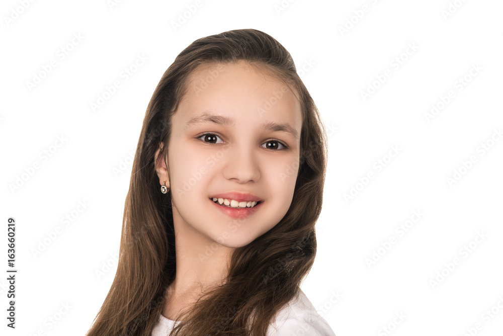 portrait of beautiful teenage girl on white background, isolated. amazing brunette woman smiling and looking into the camera, beauty and fashion portrait of beautiful teenage girl on white background, isolated. amazing brunette woman smiling and looking into the camera, beauty and fashion