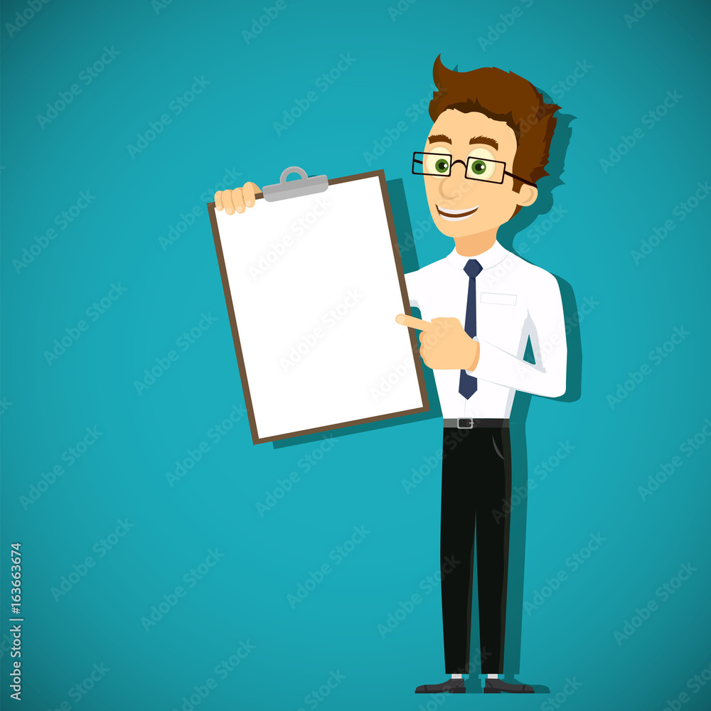 Businessman is pointing his finger at the clipboard. Businessman is pointing his finger at the clipboard.