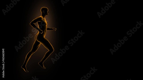 Silhouette of a running man on a dark background in side projection 3d render Seamless Loop Animation