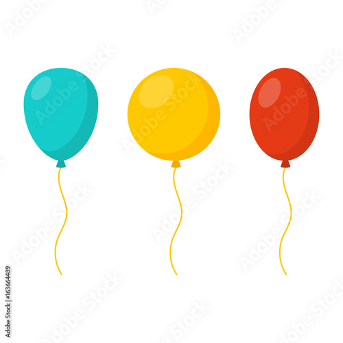 Blue, yellow and red balloons in cartoon flat style isolated on white background. Vector set