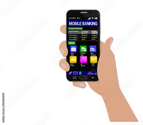 Isolated Hand hold smart phone which using banking application 