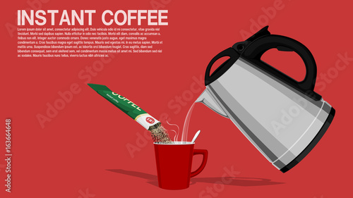 Composition of mixing instant coffee on pink background
